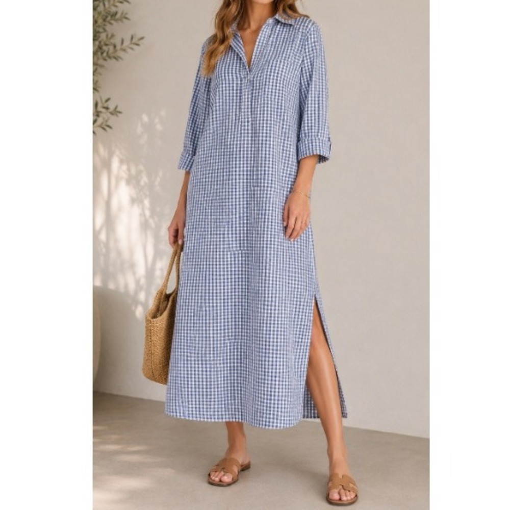 J.jill Women's Blue Ink Cream Popover A-Line Shirt Dress Petite Size L NWT